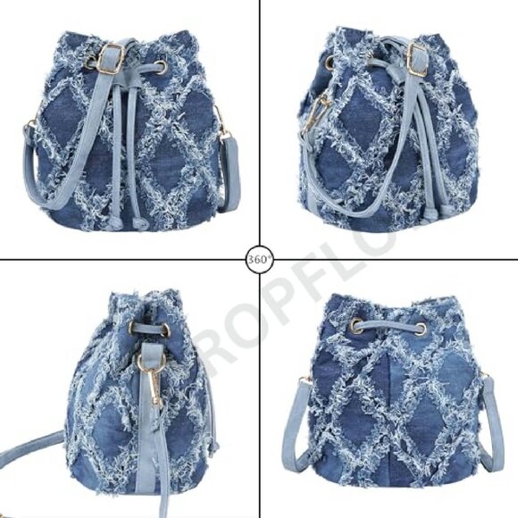 Denim Quilted Distressed Mini Bucket Satchel Purse Crossbody Shoulder Bag - Picture 4 of 8